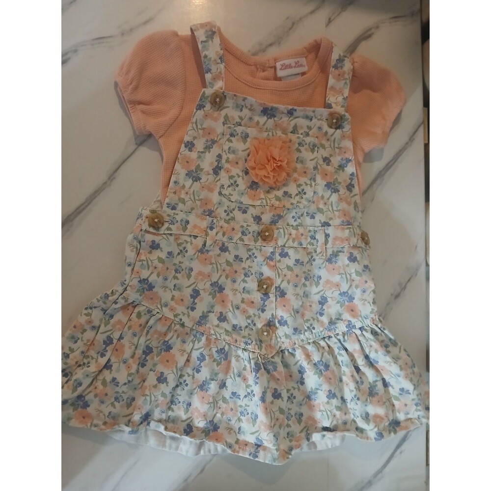 Little Lass Girls Size  6 Coral Pink Floral Overall Skirt Set